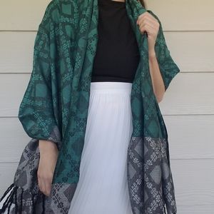 Scaf Wrap Shawl Accessory Boho Hippie Gypsy Witchy Green Silver & Black Tassels